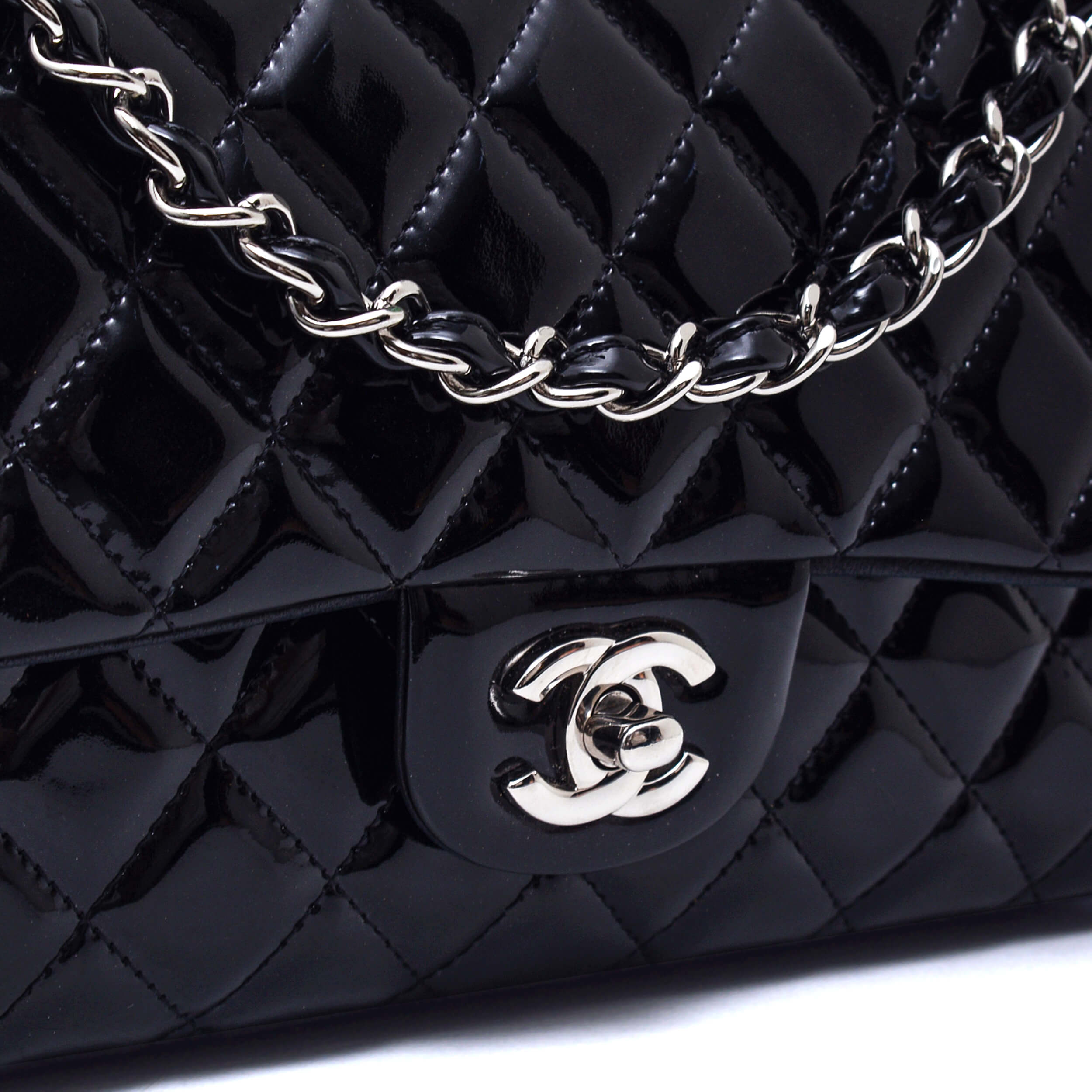 Chanel - Black Quilted Patent Leather Medium 11.12 Double Flap Bag